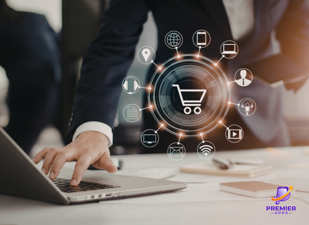 eCommerce app illustration showing shopping, payments, and fast delivery